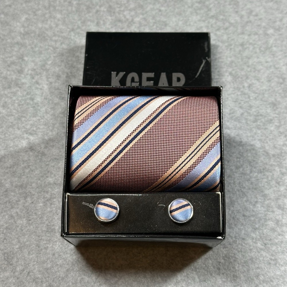 KGEAR Silk Tie Set Rose Blue Stripe w Cufflinks Pocket Square Gift Box 56x3.75"